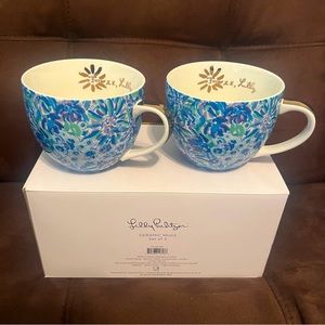 Lilly Pulitzer Set of 2 Ceramic Mugs Floral Cups Blue Gold Tea Cups NIB